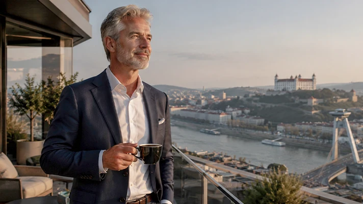 Usmiaty úspešný investor na terase luxusného bytu s výhľadom na Bratislavu, držiaci šálku kávy počas západu slnka. Symbol dlhodobého investovania, finančnej stability a budovania majetku.