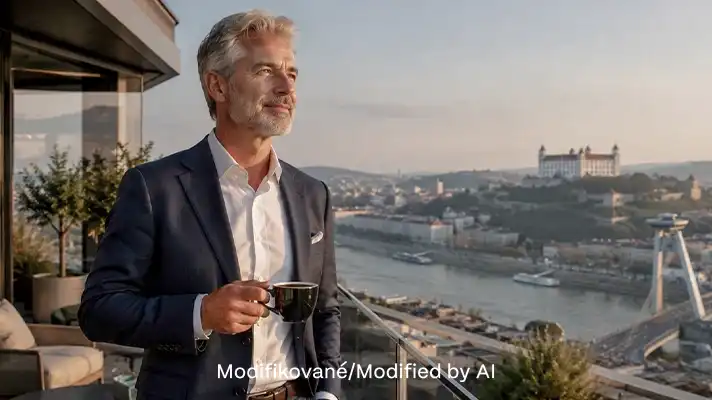 Muž v rokoch v obleku stojaci na terase luxusnej nehnuteľnosti so šálkou kávy v ruke pozerá do ďiaľky. V pozadí je panoráma Dunaja a Bratislavského hradu.