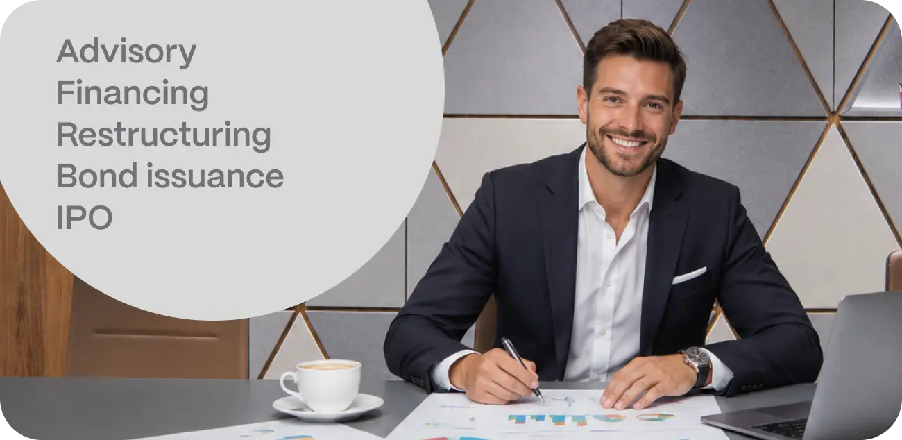 Financial advisor preparing strategic financial solutions and reviewing investment documentation in a modern office. A symbol of professional corporate finance advisory services, mergers and acquisitions, asset valuation, project financing, debt restructuring and bond issuance on capital markets.
