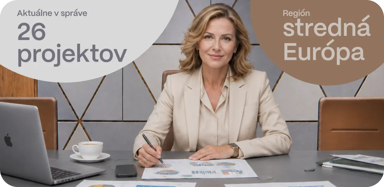 Projektová manažérka analyzujúca finančné a projektové podklady v modernej kancelárii. Symbol odborného projektového riadenia, financovania investičných zámerov, strategického poradenstva a komplexnej podpory projektov od financovania až po realizáciu a predaj.