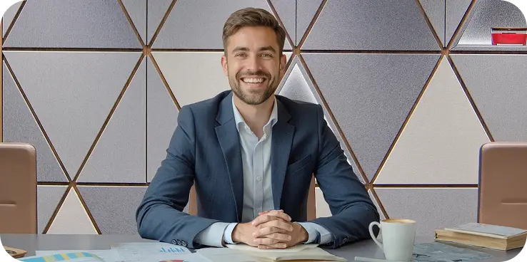 Investičný manažér poskytujúci poradenstvo v oblasti financovania projektov a investičných zámerov. Symbol profesionálneho zabezpečenia kapitálu, emisie dlhopisov, projektového financovania a prepájania investorov s atraktívnymi investičnými príležitosťami v oblasti nehnuteľností a podnikania.