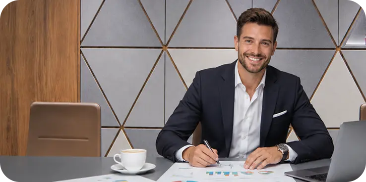 Finančný poradca pripravujúci strategické finančné riešenia a analyzujúci investičné podklady v modernej kancelárii. Symbol odborného corporate finance poradenstva, akvizícií a predaja spoločností, oceňovania aktív, financovania projektov, reštrukturalizácie záväzkov a emisie dlhopisov na kapitálových trhoch.