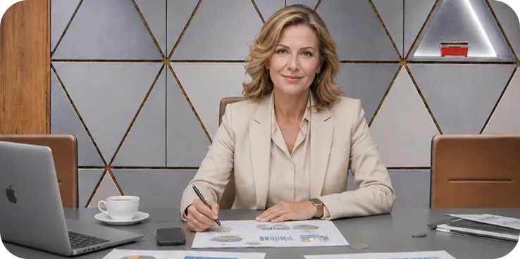 Projektová manažérka analyzujúca finančné a projektové podklady v modernej kancelárii. Symbol odborného projektového riadenia, financovania investičných zámerov, strategického poradenstva a komplexnej podpory projektov od financovania až po realizáciu a predaj.