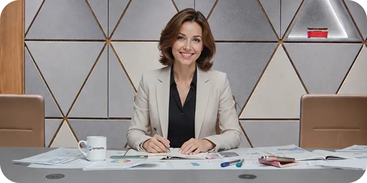 Investičná poradkyňa pripravujúca finančné portfólio klienta v modernej kancelárii. Symbol profesionálnej správy majetku, investičného poradenstva a dlhodobého zhodnocovania finančných prostriedkov.