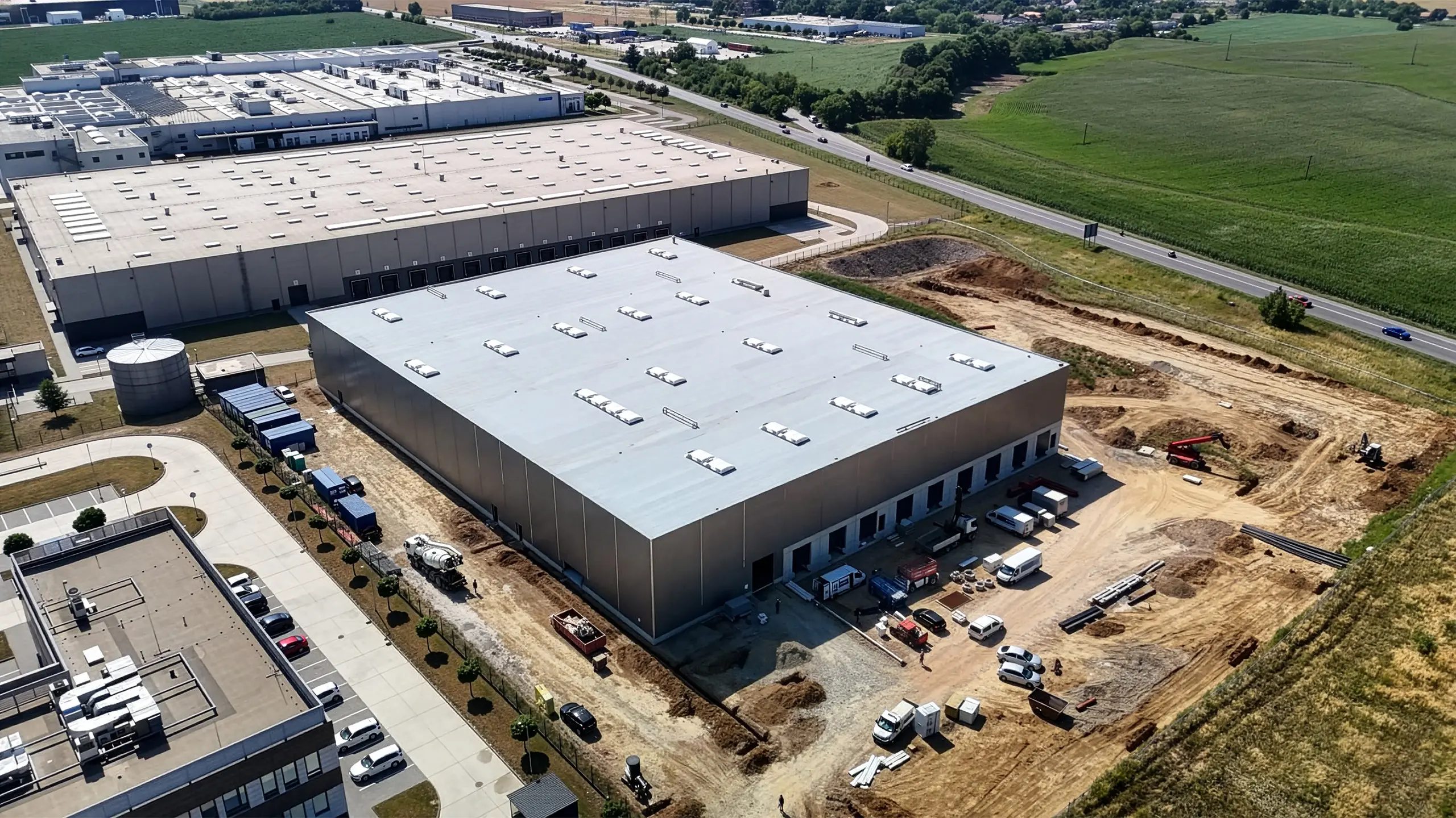 Industrial project Dubnica 4 – construction of a new warehouse and administrative hall in Dubnica nad Váhom. The photo shows a new, completely sheathed hall that will connect to the existing buildings of the industrial park. - obrázok 1