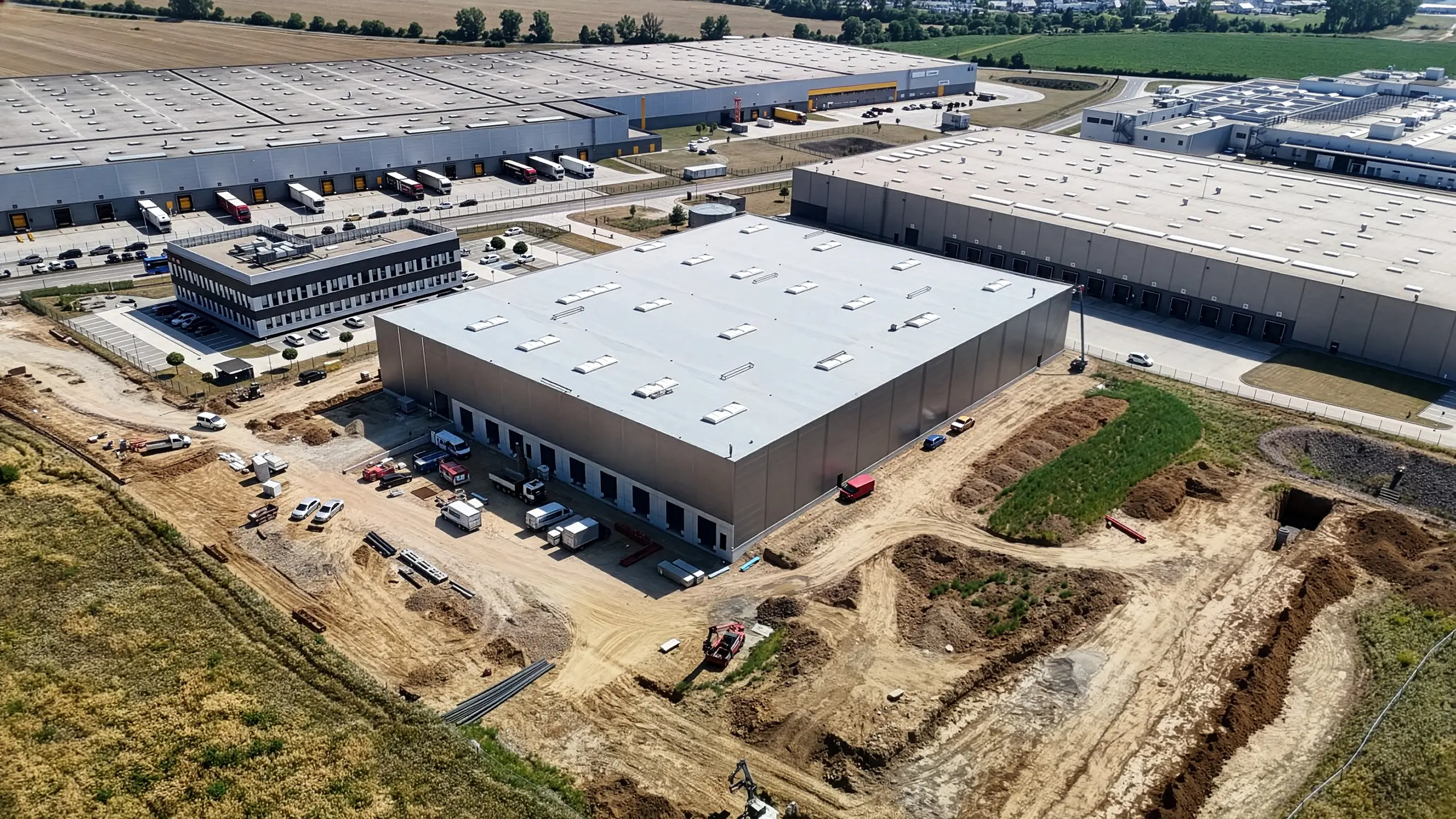 Industrial project Dubnica 4 – construction of a new warehouse and administrative hall in Dubnica nad Váhom. The photo shows a new, completely sheathed hall that will connect to the existing buildings of the industrial park. - obrázok 2