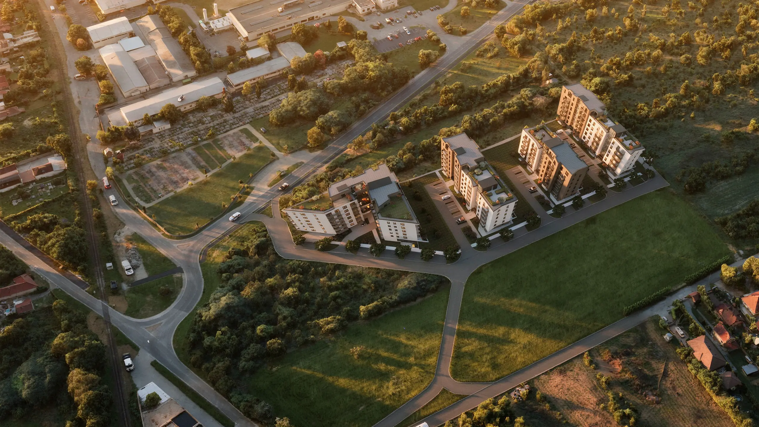 Rezidenčný projekt Mlynárce – vizualizácia – letecký pohľad na modernú obytnú štvrť - obrázok 5