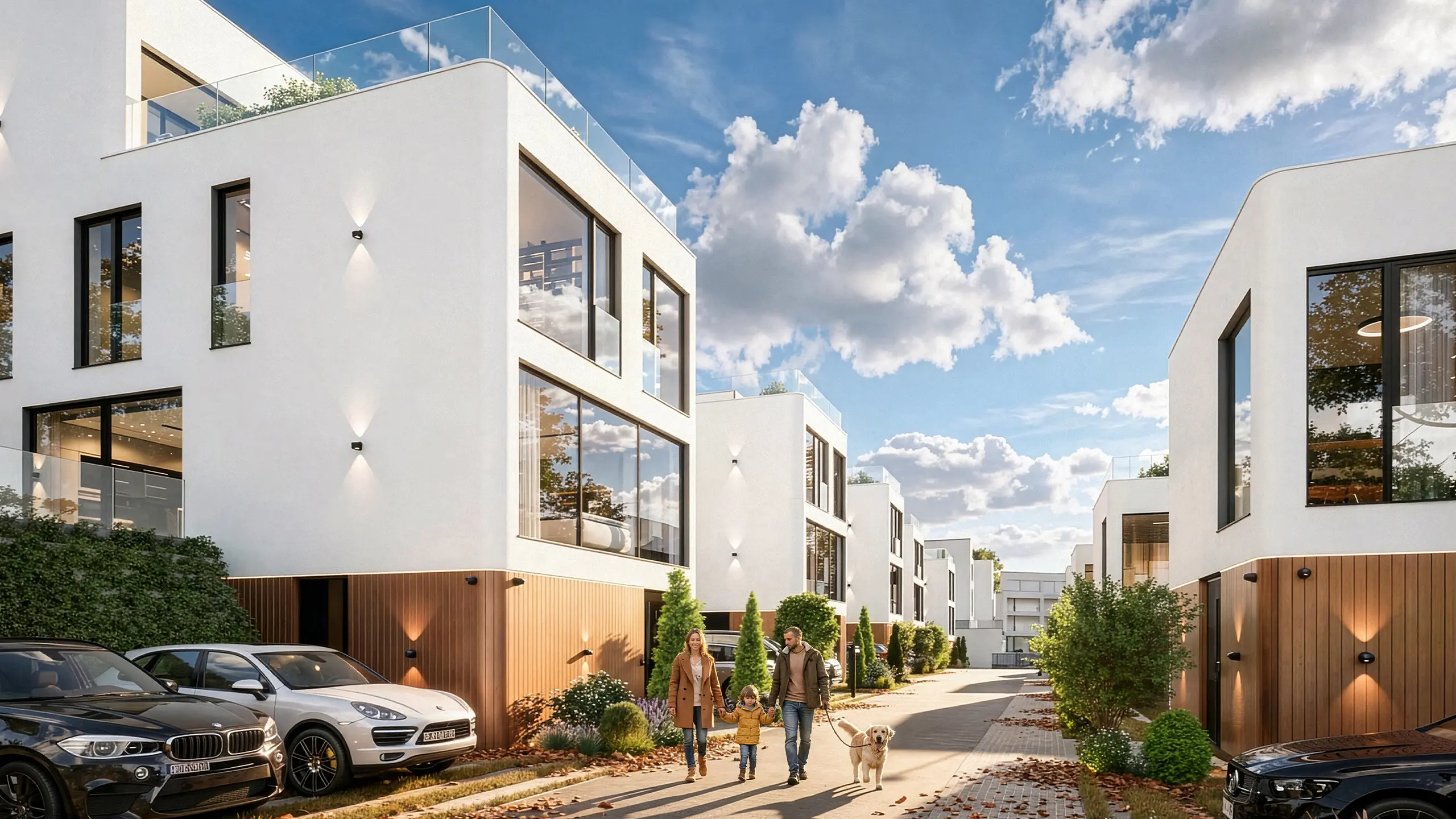 Rezidenčný projekt Mestské vily Sympatia – vizualizácia – moderné luxusné vily s bielymi omietkami a bronzovým obložením priečelia na prízemí, veľkoformátovými oknami, terasami a zeleňou na svahu s výhľadom na Bratislavu.