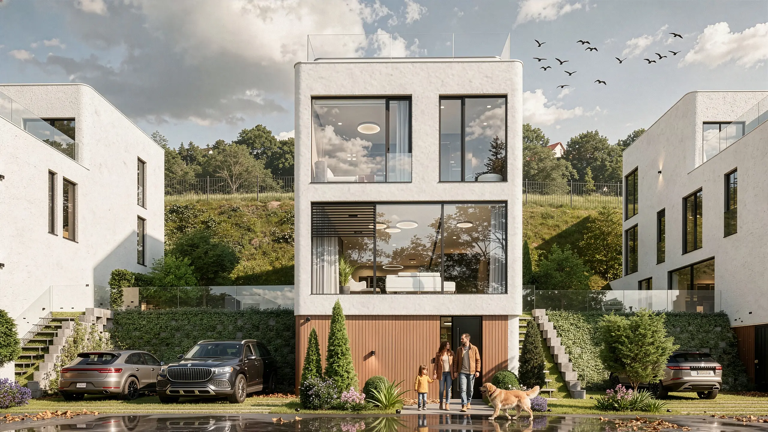Residential project Urban Villas Sympathy – visualization – modern luxury villas with white plaster and bronze lining facade on the ground floor, large-format windows, terraces and greenery on the slope overlooking Bratislava. - obrázok 2