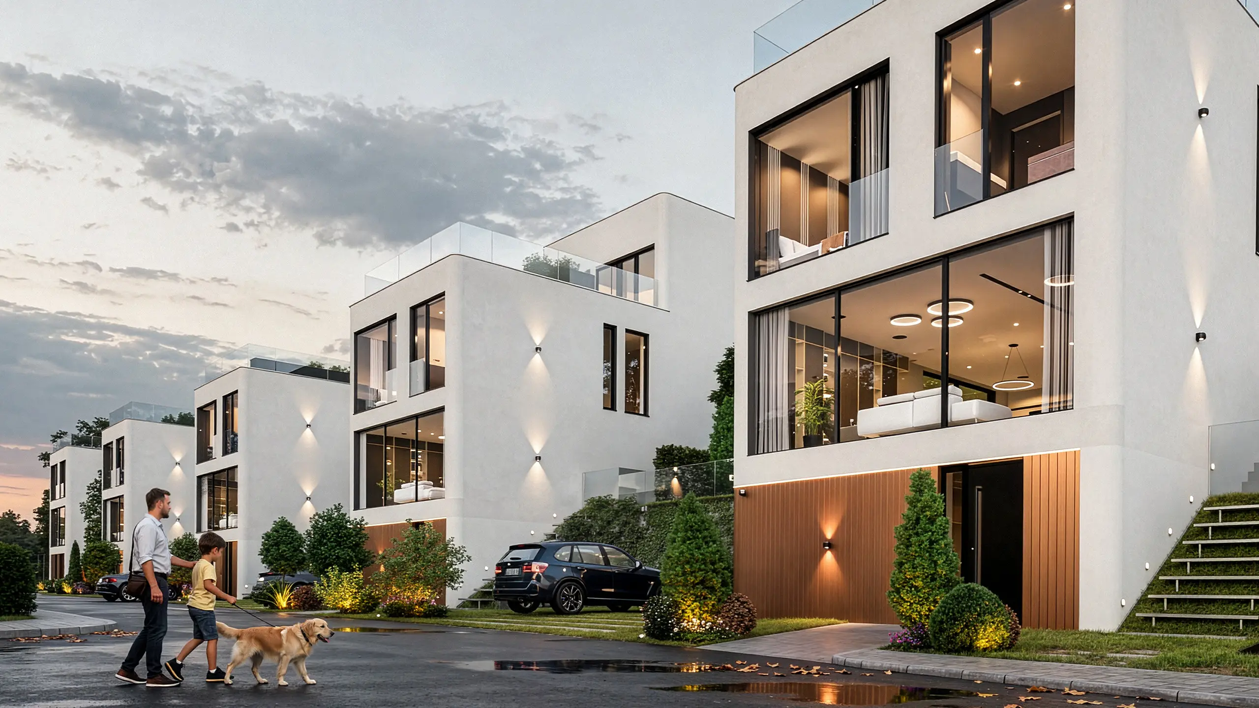 Residential project Urban Villas Sympathy – visualization – modern luxury villas with white plaster and bronze lining facade on the ground floor, large-format windows, terraces and greenery on the slope overlooking Bratislava. - obrázok 3