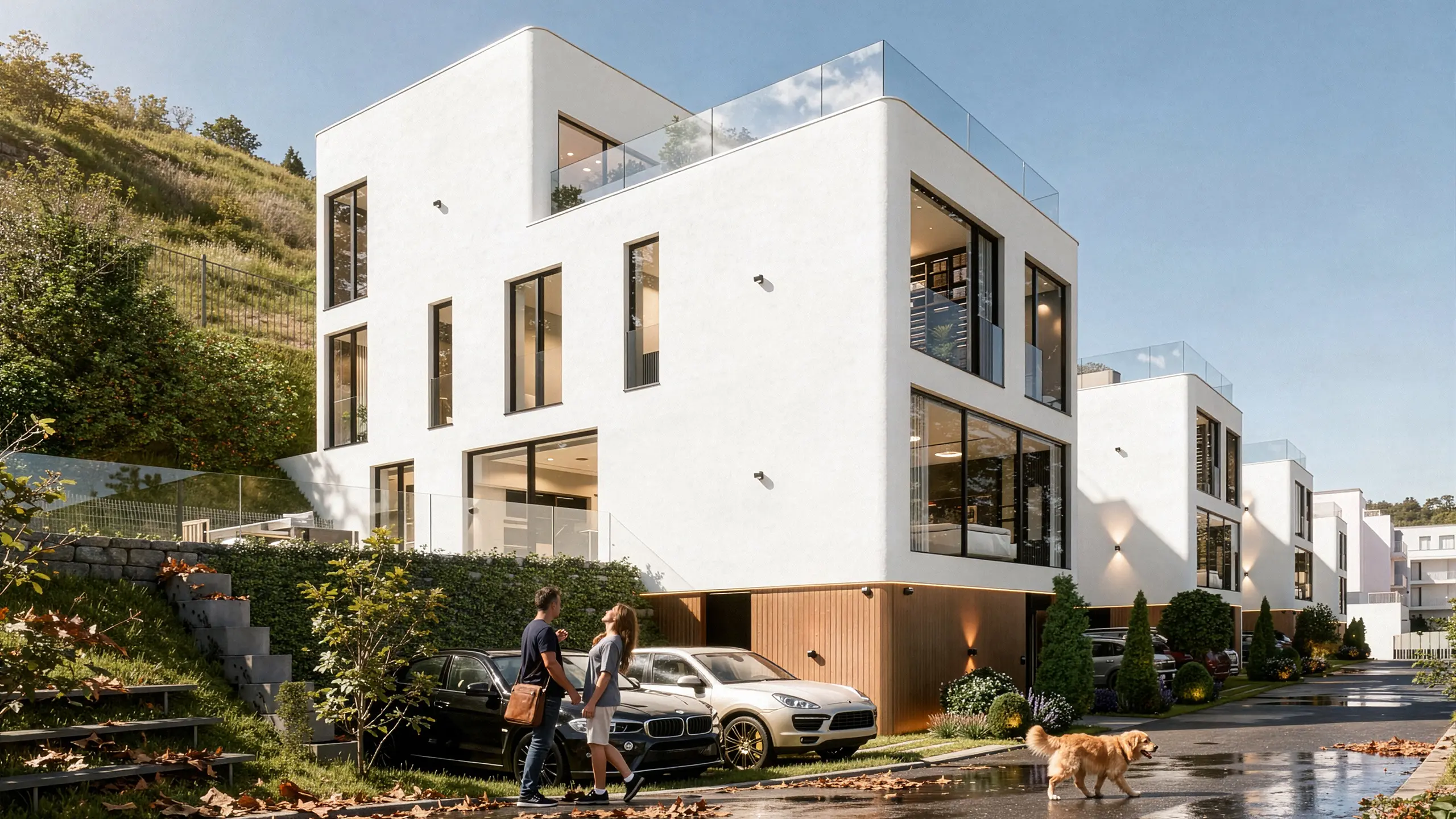 Residential project Urban Villas Sympathy – visualization – modern luxury villas with white plaster and bronze lining facade on the ground floor, large-format windows, terraces and greenery on the slope overlooking Bratislava. - obrázok 4