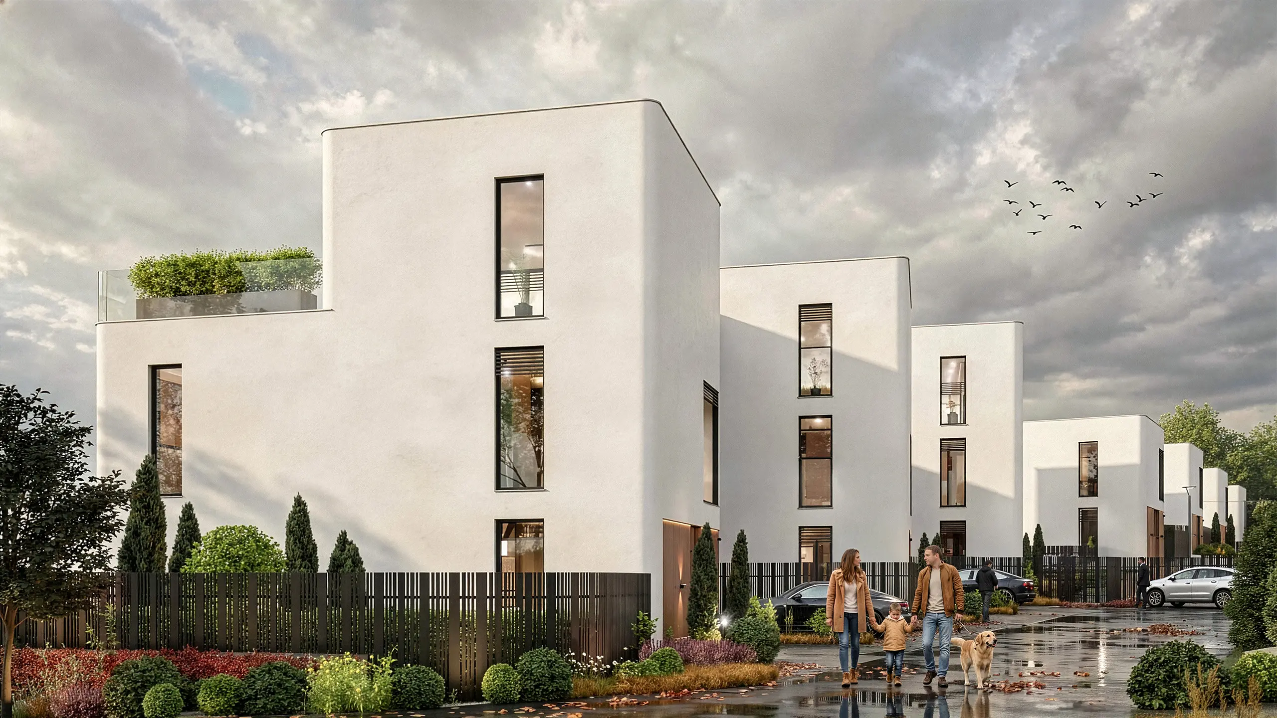 Residential project Urban Villas Sympathy – visualization – modern luxury villas with white plaster and bronze lining facade on the ground floor, large-format windows, terraces and greenery on the slope overlooking Bratislava. - obrázok 5