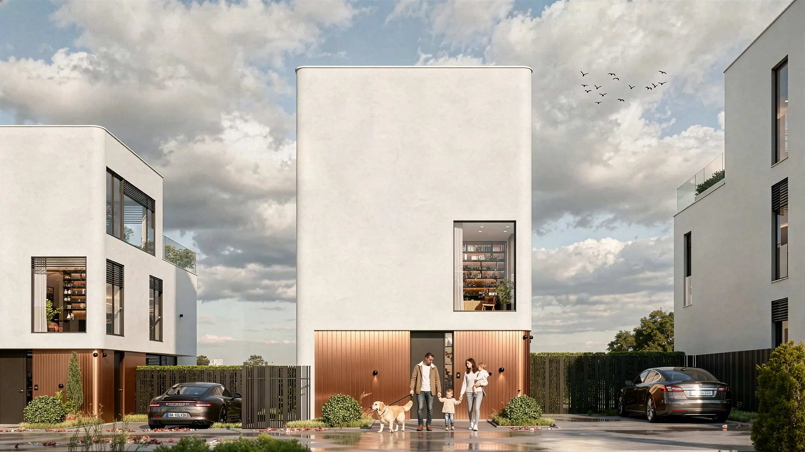 Residential project Urban Villas Sympathy – visualization – modern luxury villas with white plaster and bronze lining facade on the ground floor, large-format windows, terraces and greenery on the slope overlooking Bratislava. - obrázok 6