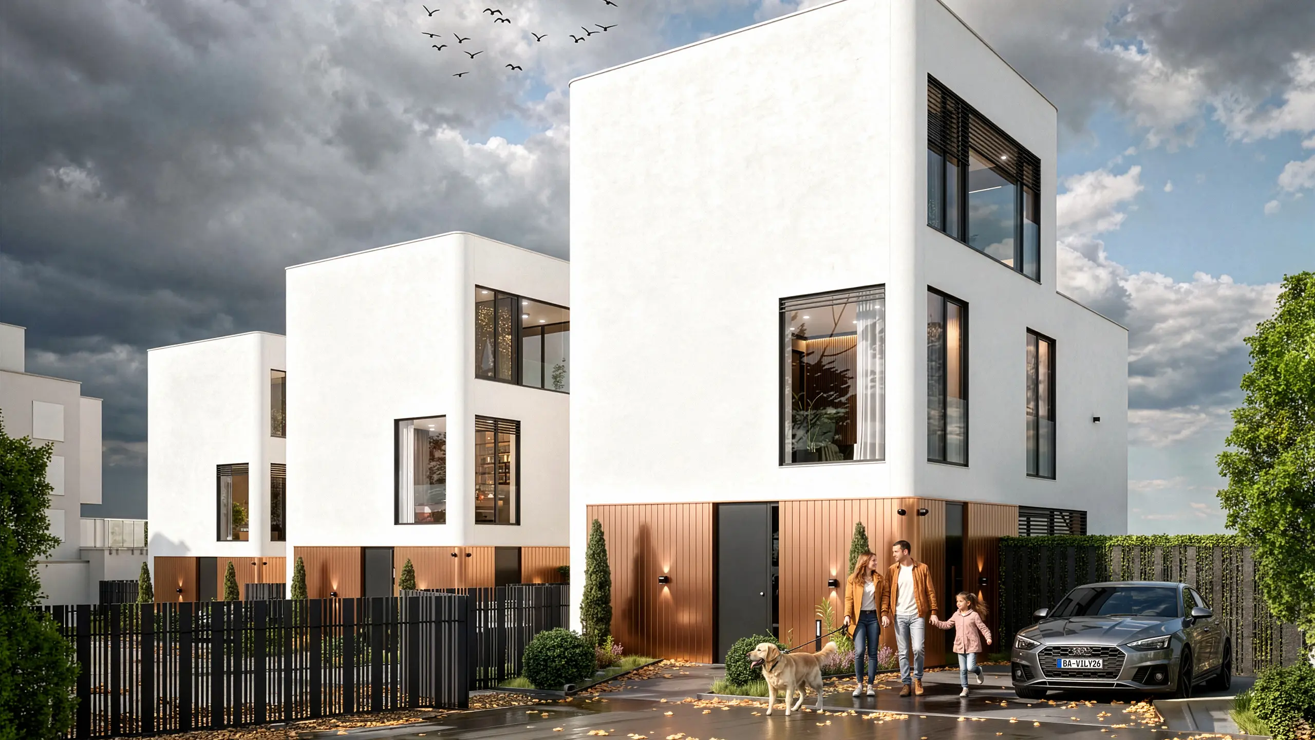 Residential project Urban Villas Sympathy – visualization – modern luxury villas with white plaster and bronze lining facade on the ground floor, large-format windows, terraces and greenery on the slope overlooking Bratislava. - obrázok 7