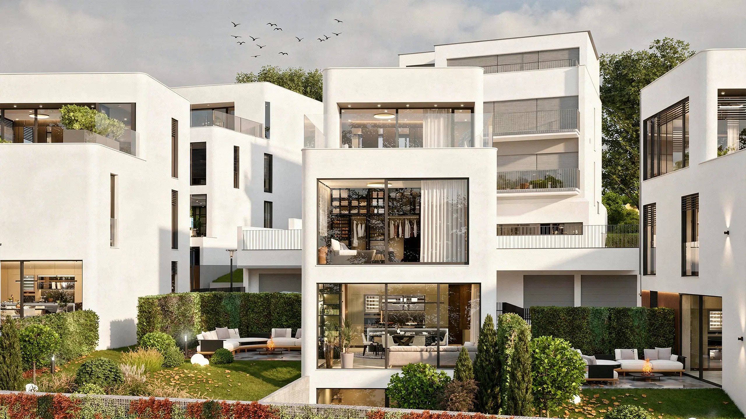 Residential project Urban Villas Sympathy – visualization – modern luxury villas with white plaster and bronze lining facade on the ground floor, large-format windows, terraces and greenery on the slope overlooking Bratislava. - obrázok 8