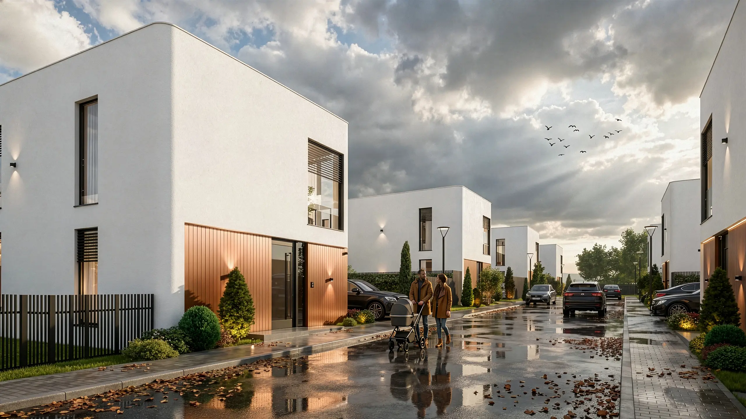 Residential project Urban Villas Sympathy – visualization – modern luxury villas with white plaster and bronze lining facade on the ground floor, large-format windows, terraces and greenery on the slope overlooking Bratislava. - obrázok 9