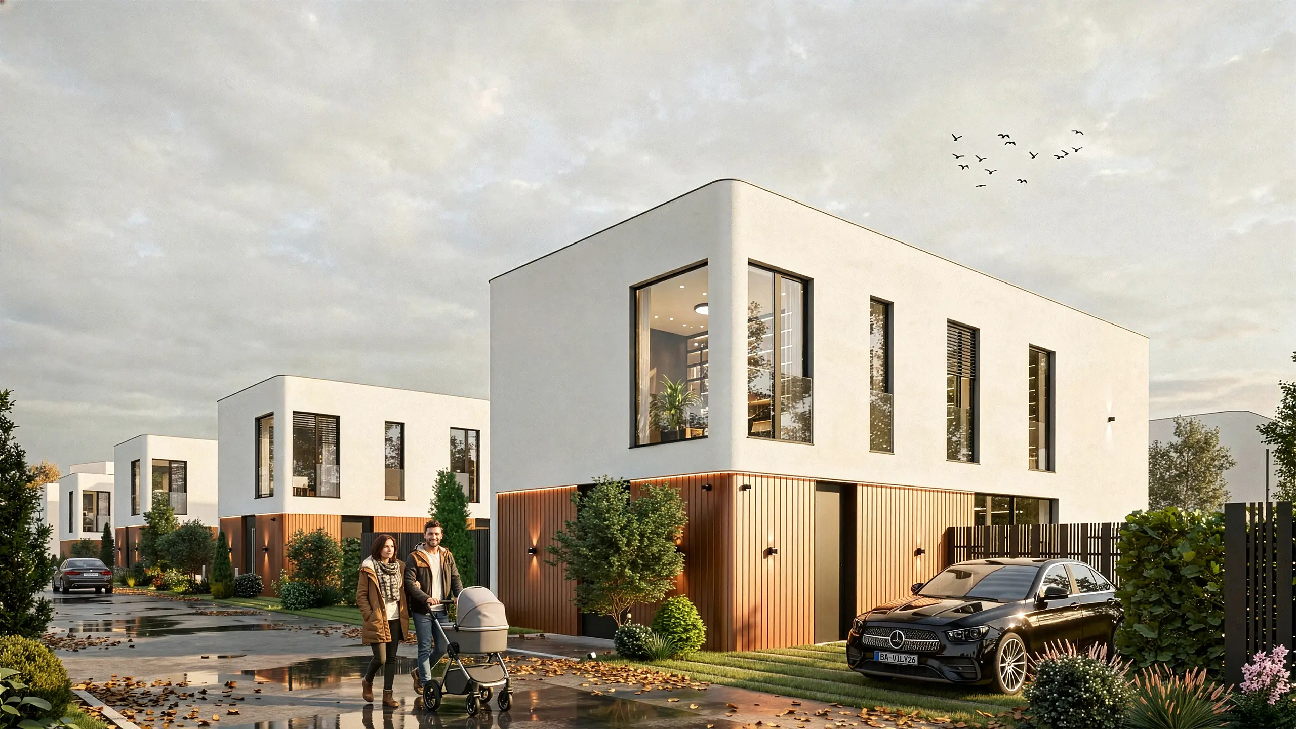 Residential project Urban Villas Sympathy – visualization – modern luxury villas with white plaster and bronze lining facade on the ground floor, large-format windows, terraces and greenery on the slope overlooking Bratislava. - obrázok 10