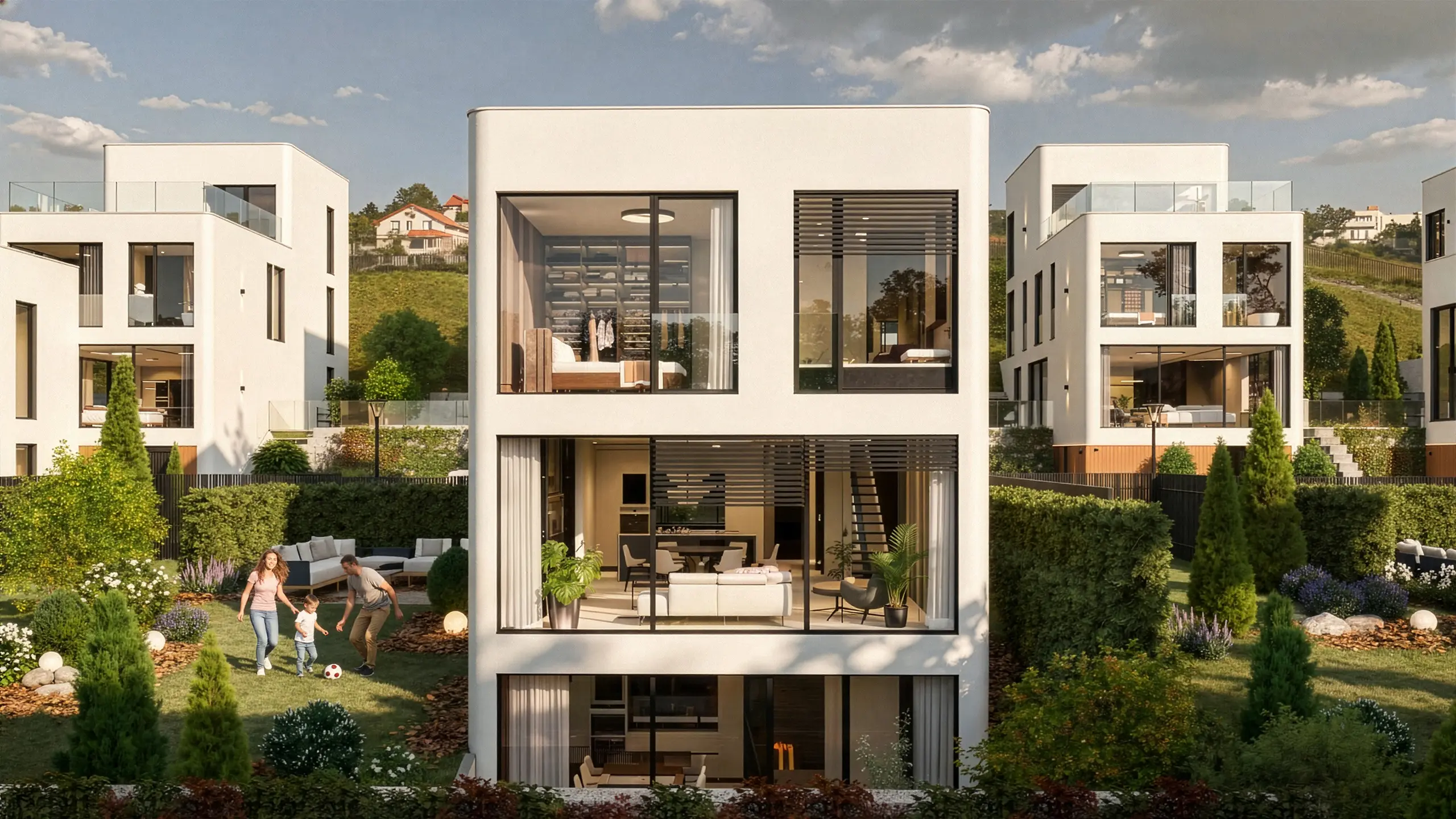 Residential project Urban Villas Sympathy – visualization – modern luxury villas with white plaster and bronze lining facade on the ground floor, large-format windows, terraces and greenery on the slope overlooking Bratislava. - obrázok 11