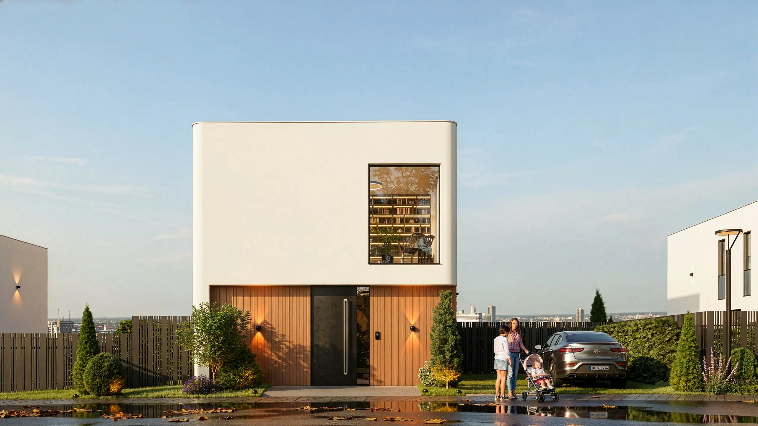 Residential project Urban Villas Sympathy – visualization – modern luxury villas with white plaster and bronze lining facade on the ground floor, large-format windows, terraces and greenery on the slope overlooking Bratislava. - obrázok 12