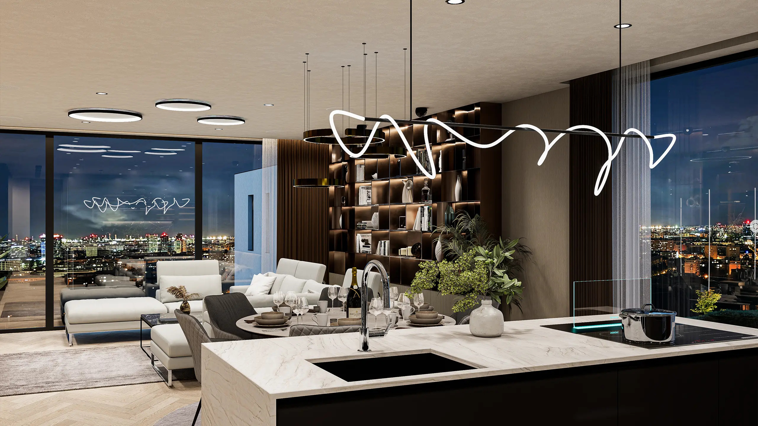 Residential project Urban Villas Sympathy – luxurious interior of the kitchen connected with the dining room and the view of Bratislava - obrázok 17