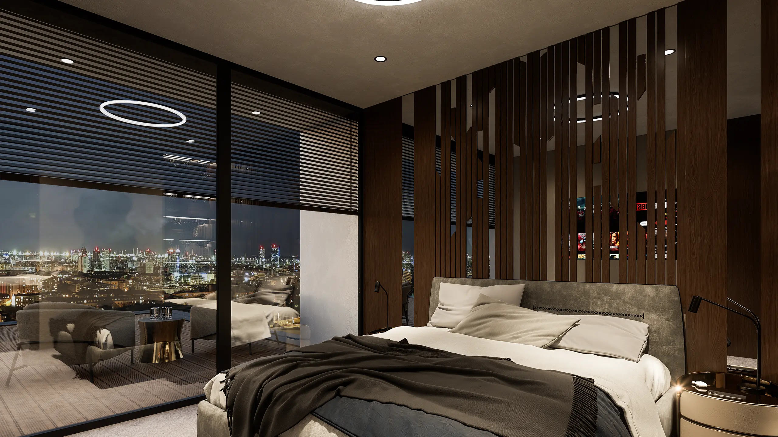 Residential project Urban Villas Sympathy – master bedroom with modern interior solution and view of Bratislava, night scene. - obrázok 27