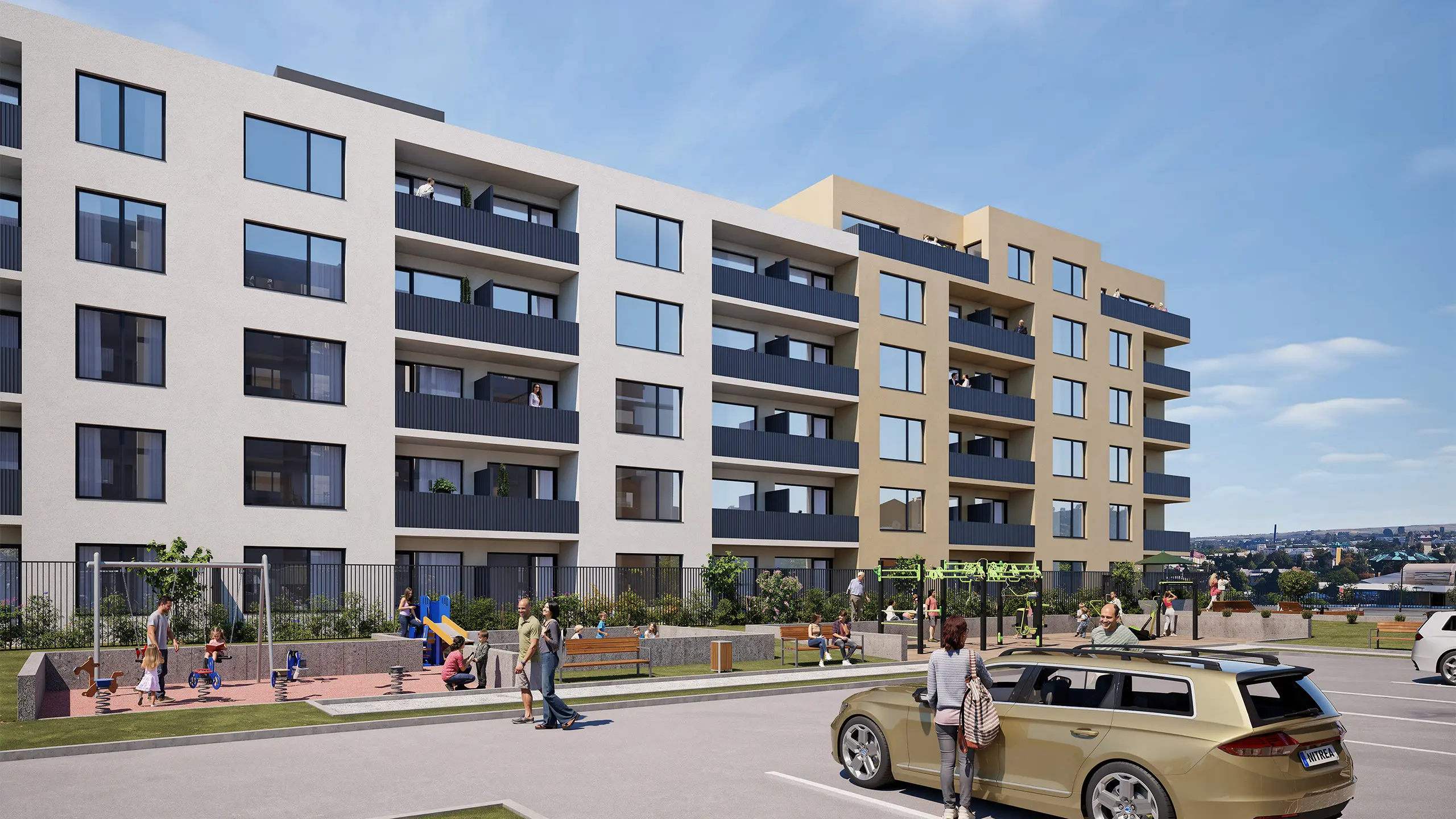 Visualization of the Nitrea 1 residential development in Nitra – Mlynárce, featuring modern apartment buildings and landscaped green surroundings. - obrázok 5