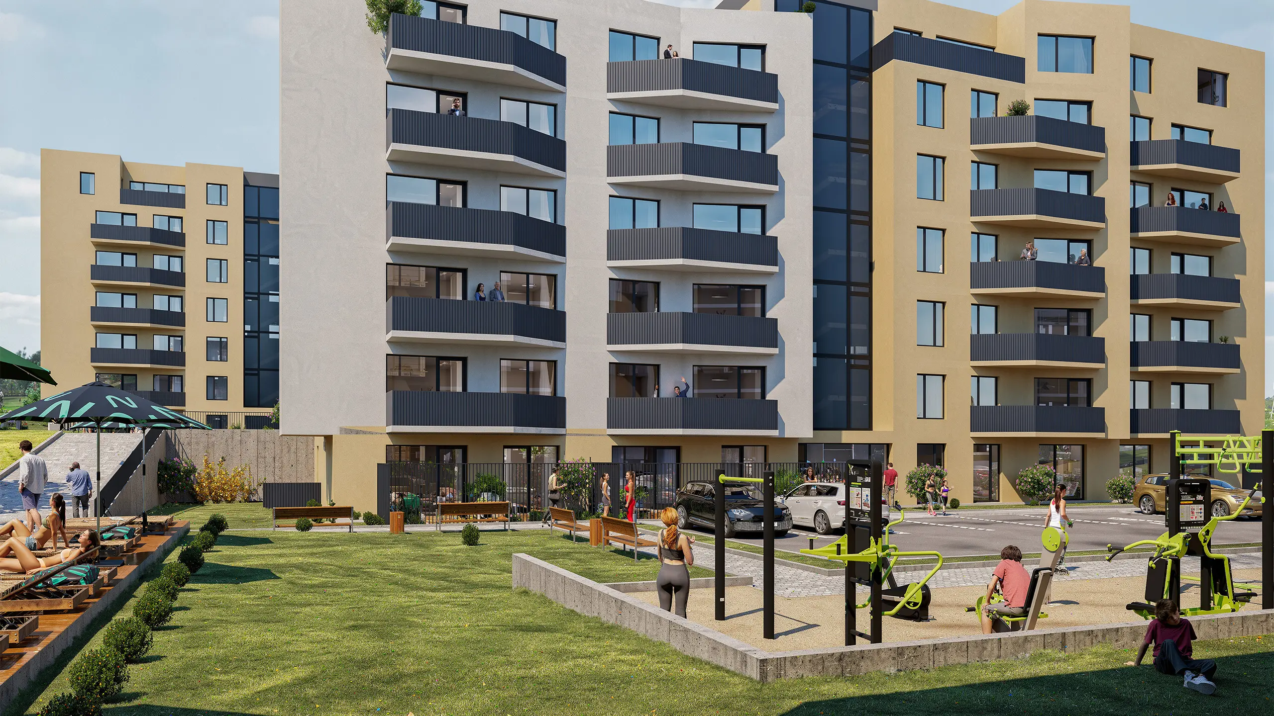 Visualization of the Nitrea 1 residential development in Nitra – Mlynárce, featuring modern apartment buildings and landscaped green surroundings. - obrázok 6