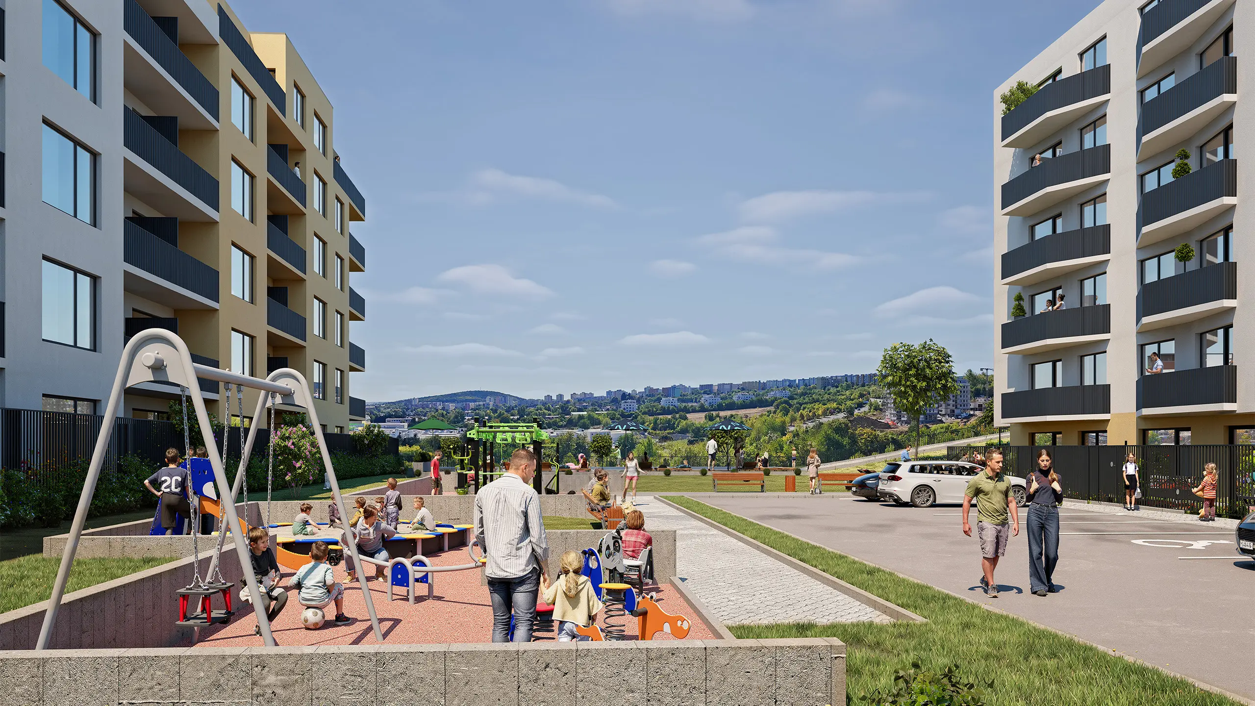Visualization of the Nitrea 1 residential development in Nitra – Mlynárce, featuring modern apartment buildings and landscaped green surroundings. - obrázok 7