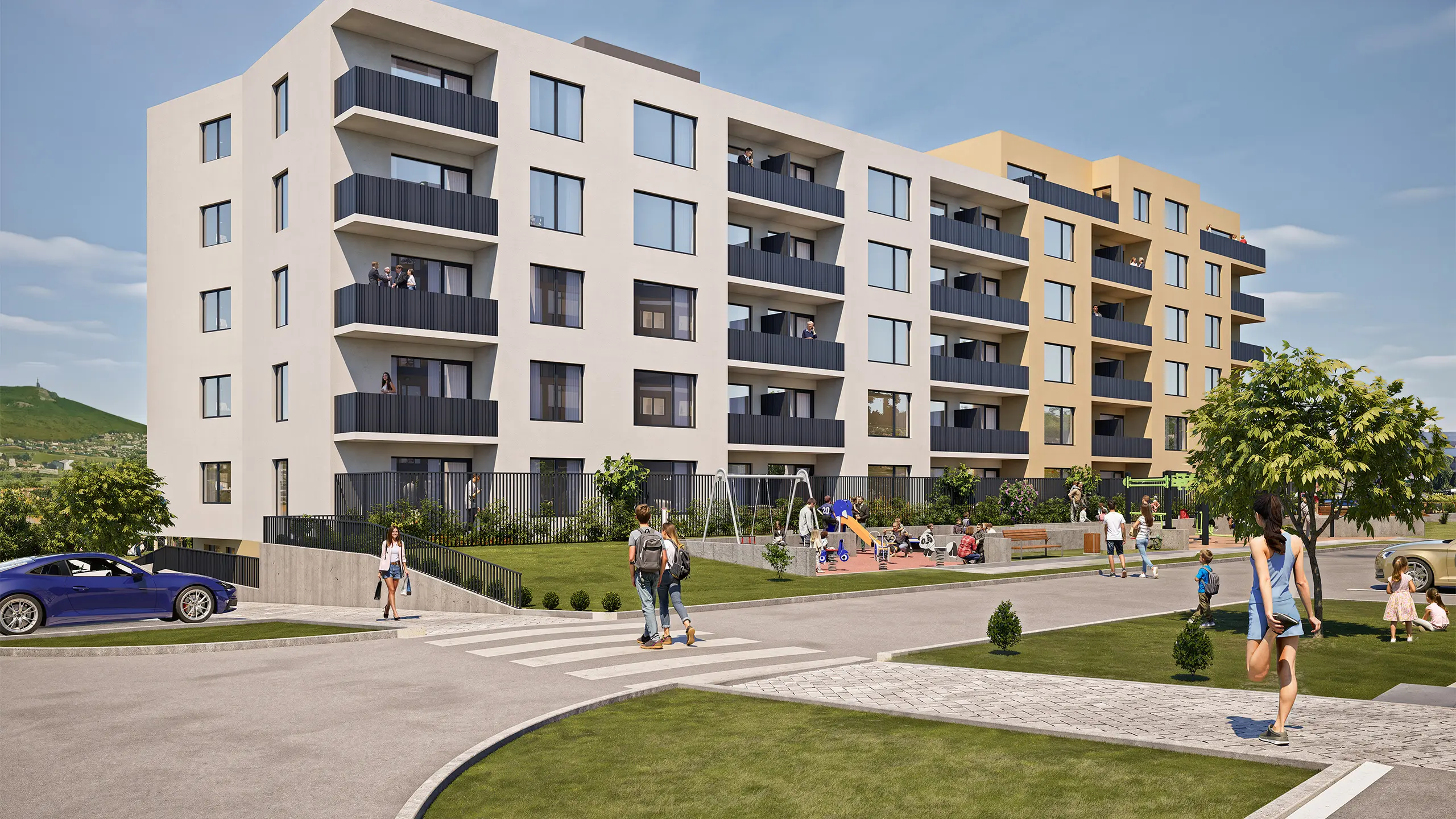 Visualization of the Nitrea 1 residential development in Nitra – Mlynárce, featuring modern apartment buildings and landscaped green surroundings. - obrázok 8