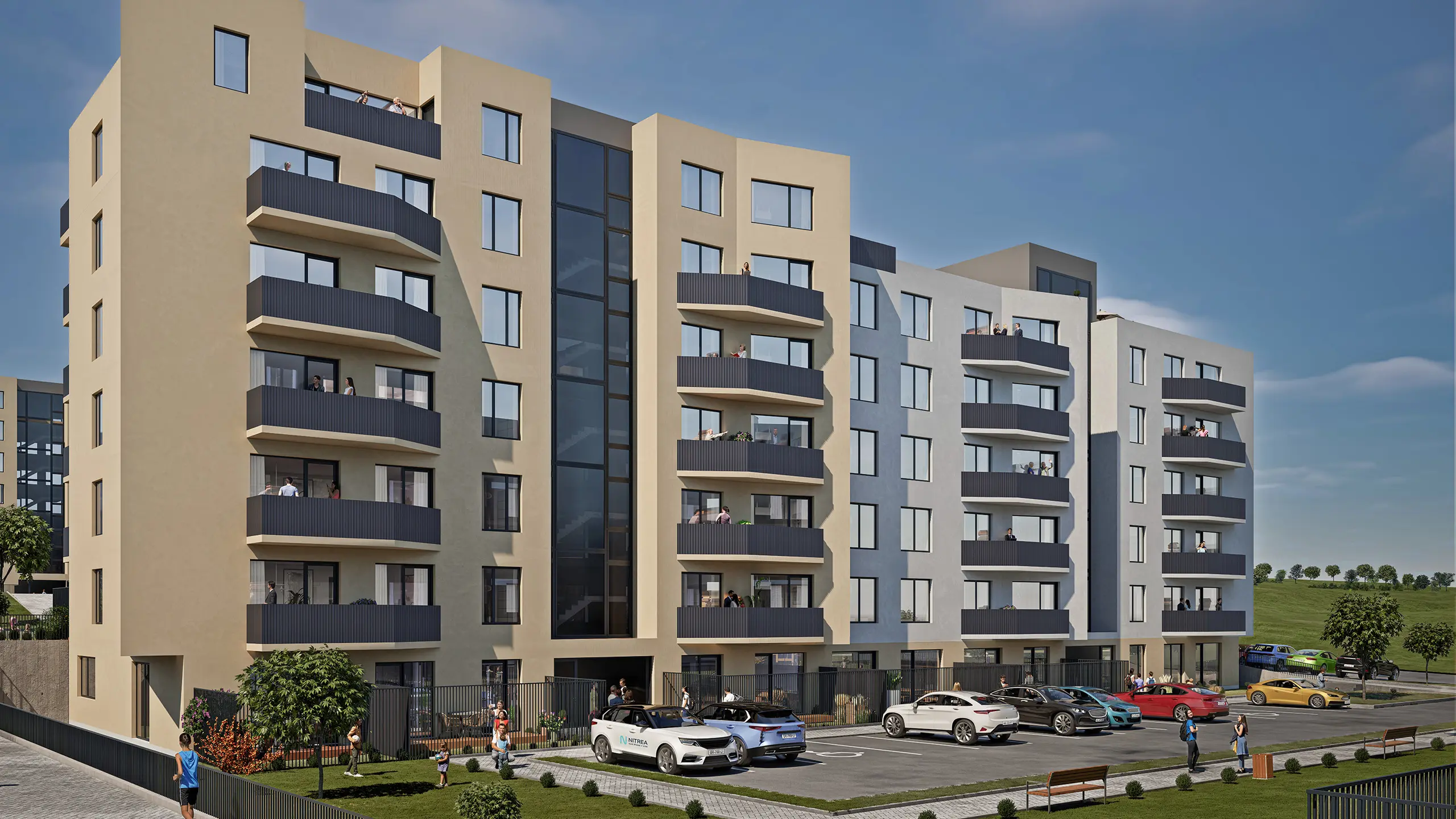 Visualization of the Nitrea 1 residential development in Nitra – Mlynárce, featuring modern apartment buildings and landscaped green surroundings. - obrázok 9
