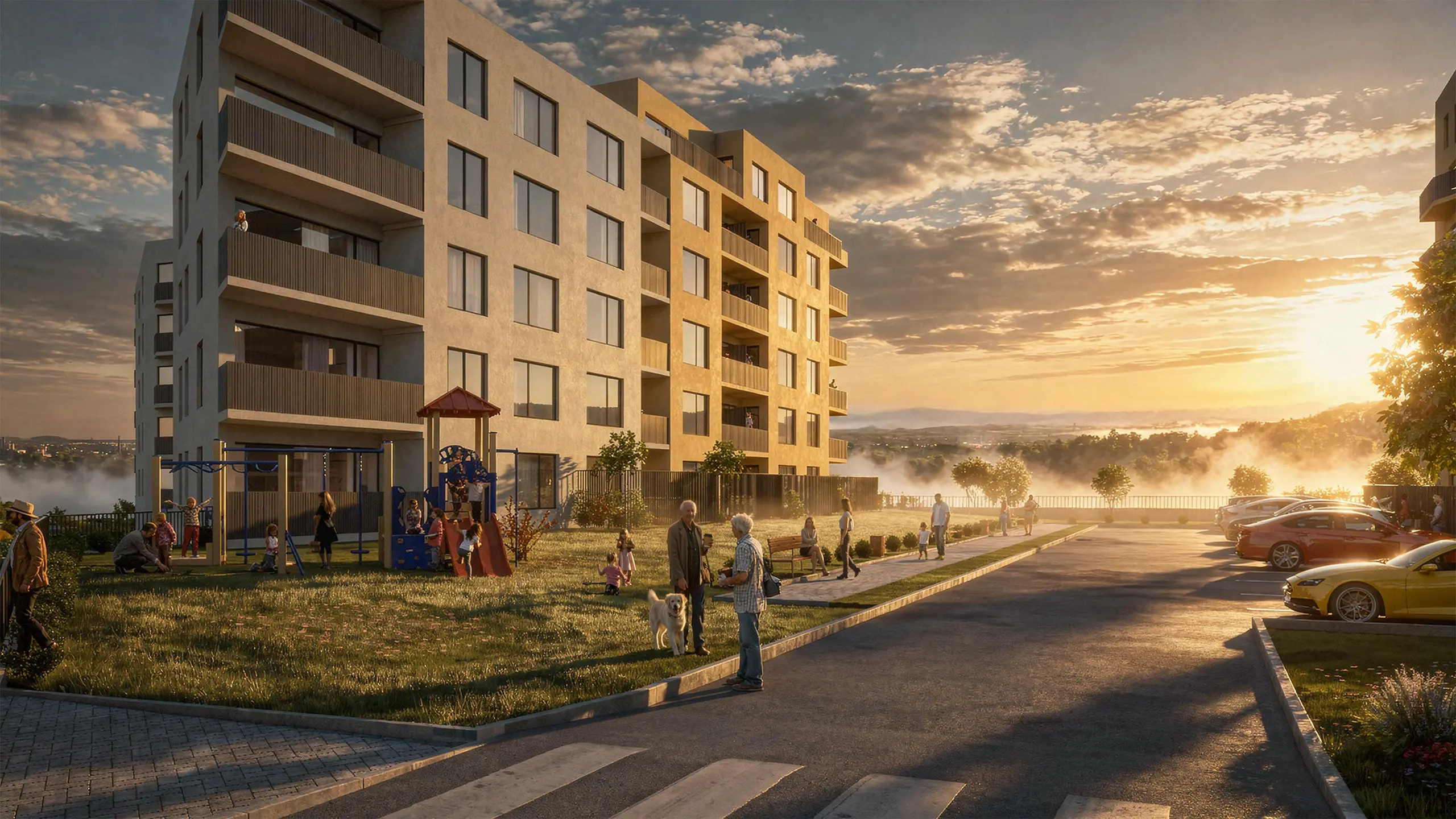 Visualization of the Nitrea 1 residential development in Nitra – Mlynárce, featuring modern apartment buildings and landscaped green surroundings. - obrázok 11