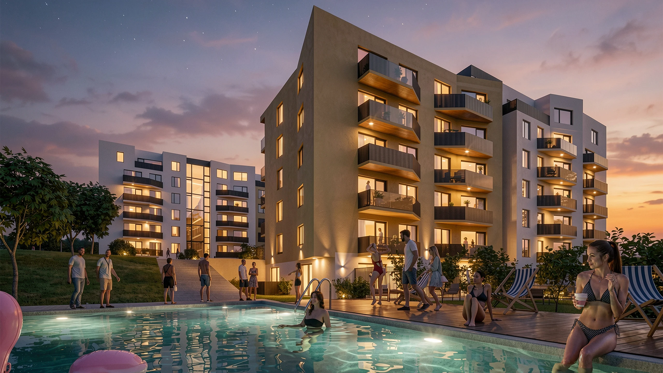 Visualization of the Nitrea 1 residential development in Nitra – Mlynárce, featuring modern apartment buildings and landscaped green surroundings.