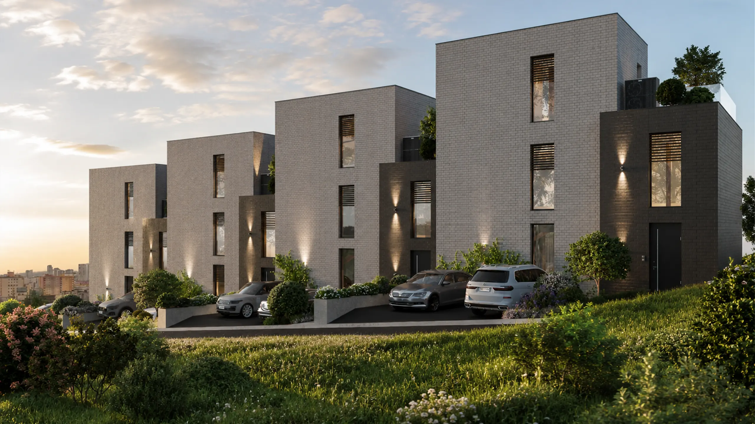 Rezidenčný projekt Pod Vinohradmi – pohľad na moderný bytový dom s exkluzívnymi mezonetovými bytmi, súkromnými záhradami, bazénmi a veľkorysými terasami. Projekt na bratislavskej Kolibe ponúka nadštandardné bývanie v pokojnom prostredí vinohradov, spájajúce súkromie, modernú architektúru a výnimočné výhľady na mesto. - obrázok 7