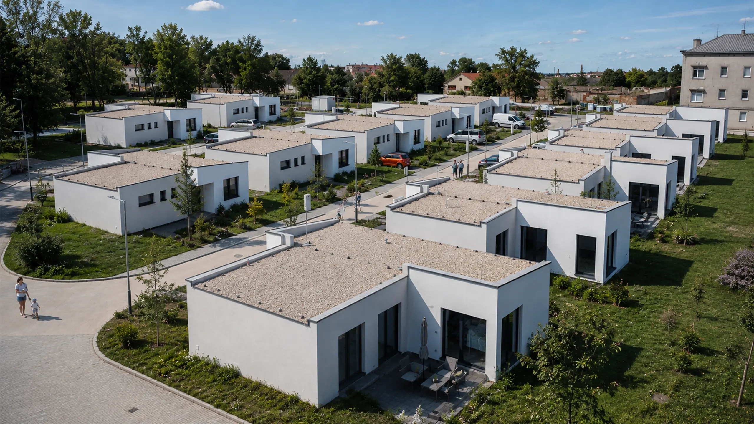 Rezidenčný projekt Rodinné domy Jarná – pohľad z vtáčej perspektívy na jednopodlažné moderné rodinné domky bungalového typu so záhradkami a ulicou. - obrázok 1