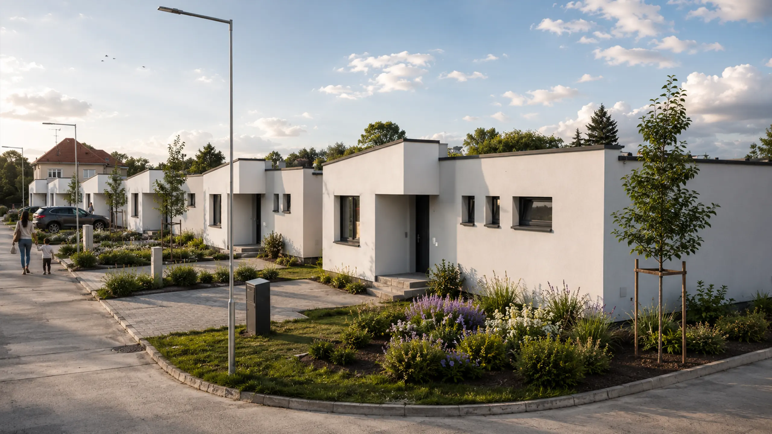 Rezidenčný projekt Rodinné domy Jarná – pohľad z vtáčej perspektívy na jednopodlažné moderné rodinné domky bungalového typu so záhradkami a ulicou.