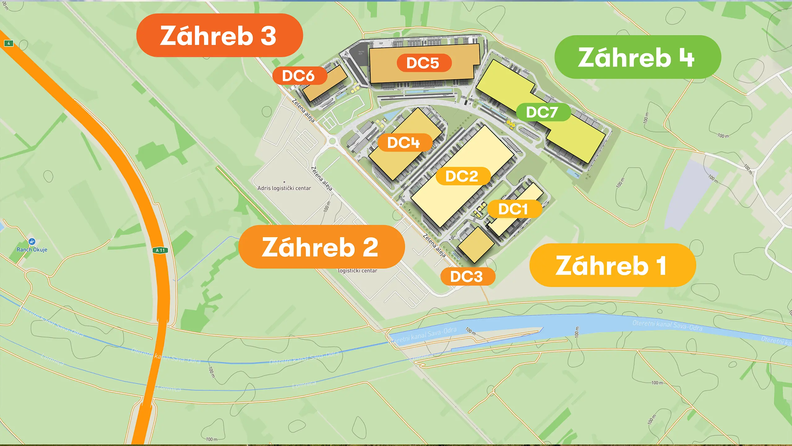 Industrial Project Zagreb 4 – site plan of the fourth expansion phase of the Zagreb logistics park. The diagram illustrates the layout of Zagreb 1, Zagreb 2, Zagreb 3 and Zagreb 4, including buildings DC1 through DC7, internal road infrastructure and connections to the motorway network. Zagreb 4 extends the existing logistics park and adds further premium leasable space with a strong focus on sustainability, photovoltaic systems and BREEAM certification. - obrázok 2