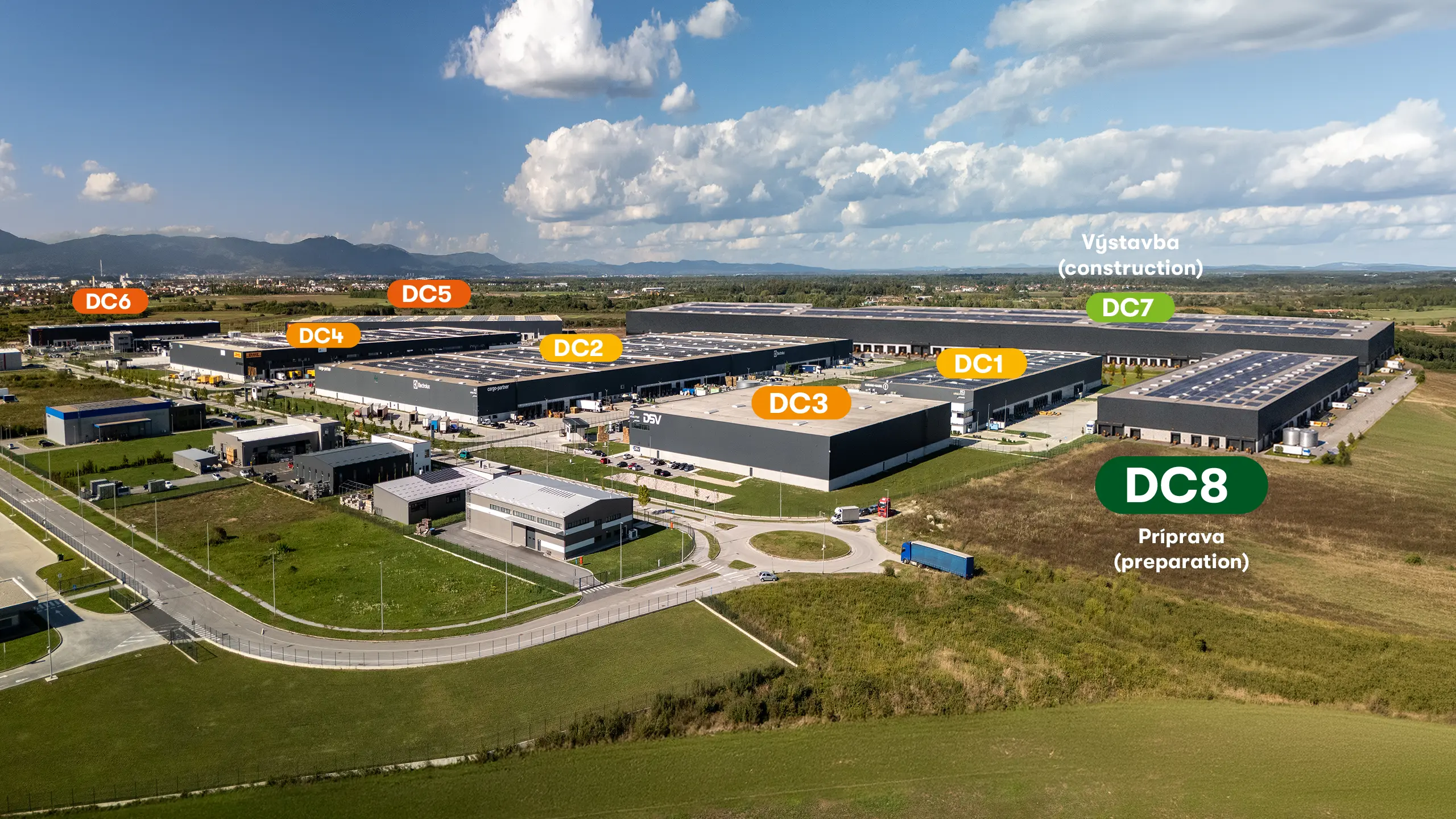 Industrial Project Zagreb 5 – a panoramic aerial view of the fifth phase of the logistics park in Zagreb, within the context of the entire development.